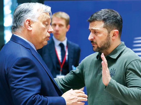 Такою емоційною була розмова Орбана із Зеленським тиждень тому, під час саміту Європейської ради в штаб-квартирі ЄС у Брюсселі 27 червня 2024 року. Фото «Радіо Свобода».