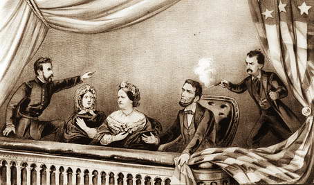 Літографія «Вбивство Авраама Лінкольна». Зліва направо: Гаррі Ретбоуном, Клара Харріс, Мері Тодд Лінкольн, Авраам Лінкольн і Джон Бут (1865). Ілюстрація зі сайту wikipedia.org.