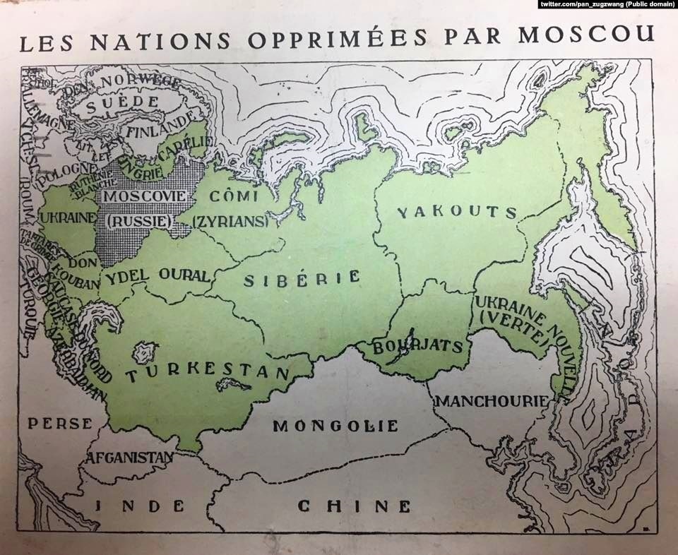 Франкомовна мапа 1918-1939 років, на якій зображено дві України. Східна іменується як «Нова Зелена Україна».
