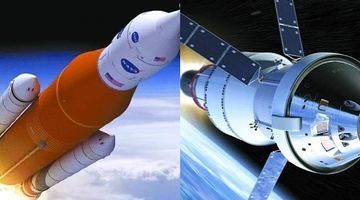 На певному етапі польоту проміжний кріогенний ступінь ракети SLS (ліворуч) надасть "Оріону" такого імпульсу, аби цей апарат (праворуч) був здатний вирушити у самостійну подорож навколо Місяця. Фотоінсталяція NASA