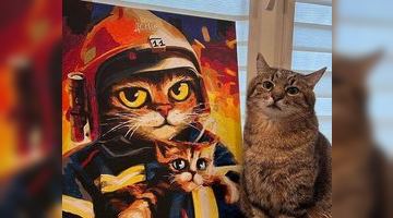 Рятувальники подарували зірці TikTok та Instagram коту Степану картину. Фото ДСНС