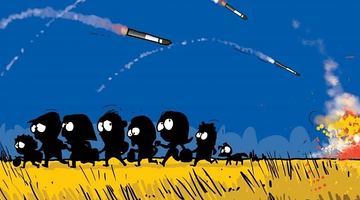 Українські діти ховаються від обстрілів рашистів: малюнок аргентинського карикатуриста Adrian Palmas. Малюнок зі сайту Cartoon Movement