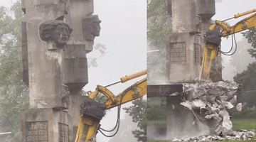 Демонтаж монумента на честь радянської армії у польському Бжеґу (Фото Twitter)