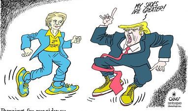 Трамп біжить до президентства у золотих кросівках, а Урсула фон дер Ляєн — у жовто-блакитних